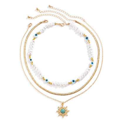 YUZZ Blue Turkish Evil Eyes Exquisite Sun Flower Pendant Necklace 2022 Summer Multilevel Female Boho Vintage Jewelry Party Gift