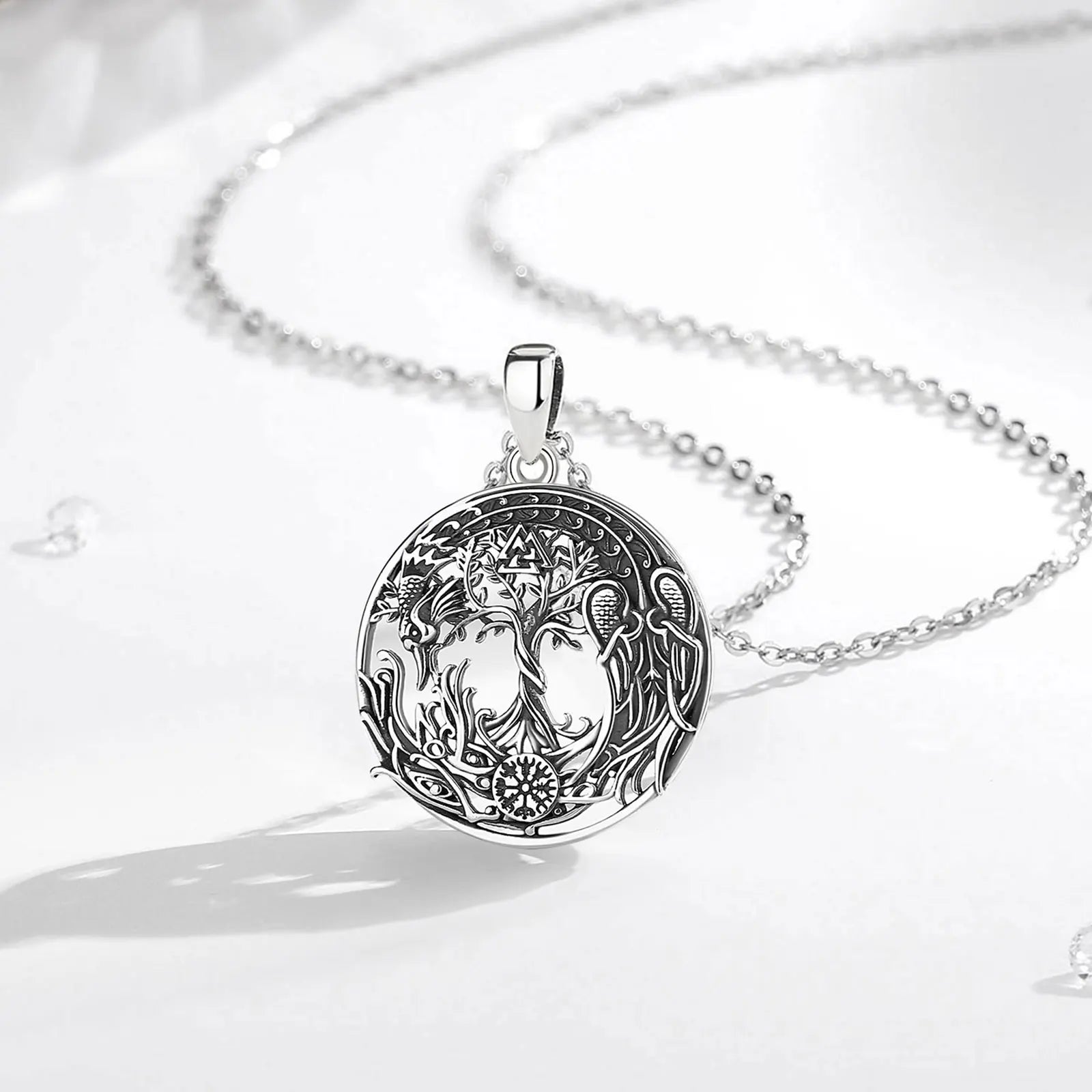 Eudora 925 Sterling Silver Phoenix Necklace Vintage Compass Tree of Life Pendant Viking Amulet Jewelry Party Gift for Women Men