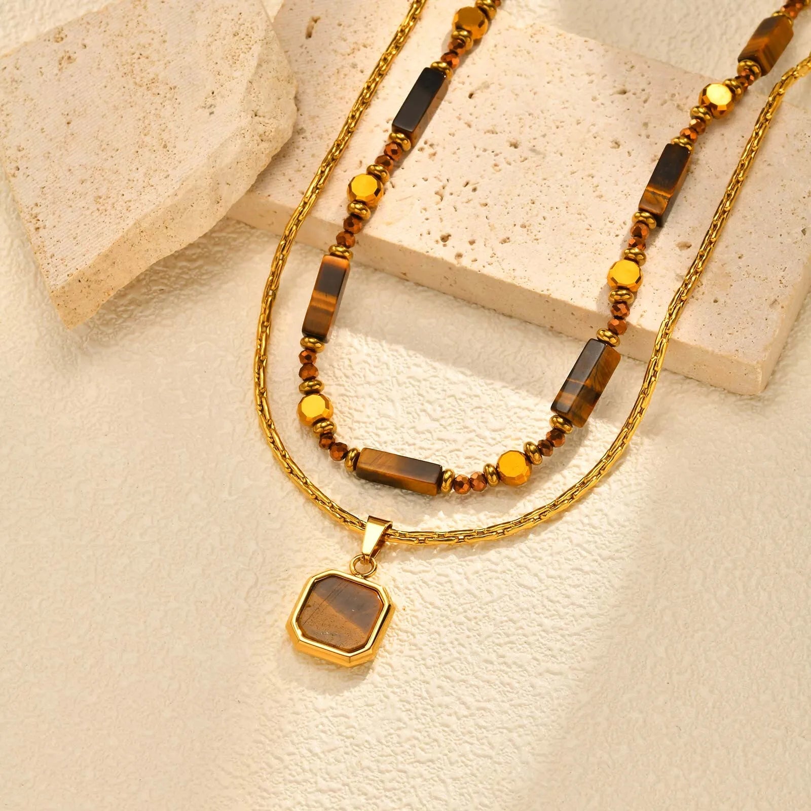 Natural Tiger Eye Necklace for Women, Boho Beaded Pendant Layered Collarbone Chain with Irregular Stone Jewelry