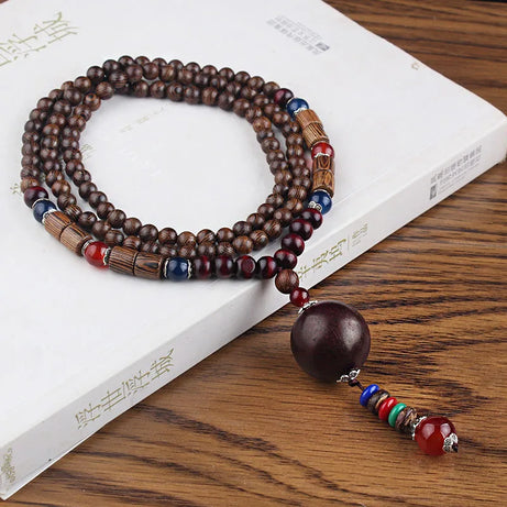 Wood Bead Bodhi Pendant Sweater Chain Necklace Jewelry