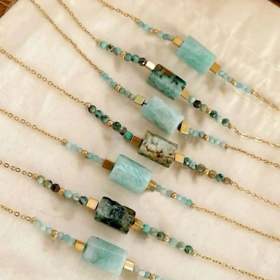 Boho  Beach Jewelry Chic Natural Stone Turquoise Amazonite Beaded Bracelet with Gold Plated Chain Women's  Gift - Charlie Dolly