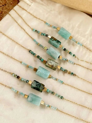 Boho  Beach Jewelry Chic Natural Stone Turquoise Amazonite Beaded Bracelet with Gold Plated Chain Women's  Gift
