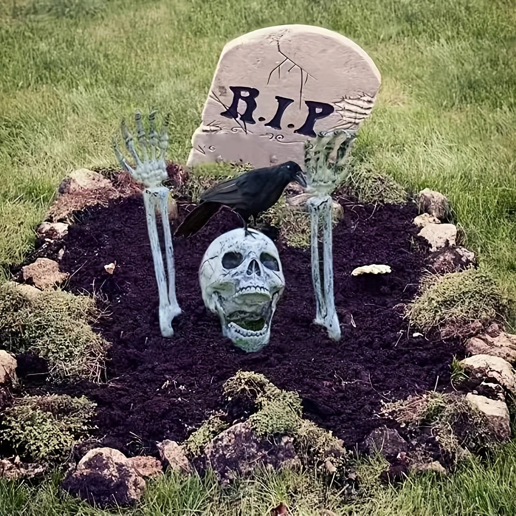 Realistic Skeleton Stakes Halloween Realistic Skull Skeleton Head Human Hand Arms for Halloween Party Home Garden Lawn Decor - Charlie Dolly