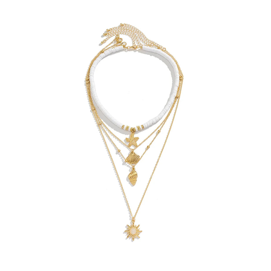 Shell Starfish and Pearl Layered Chain Boho Necklace