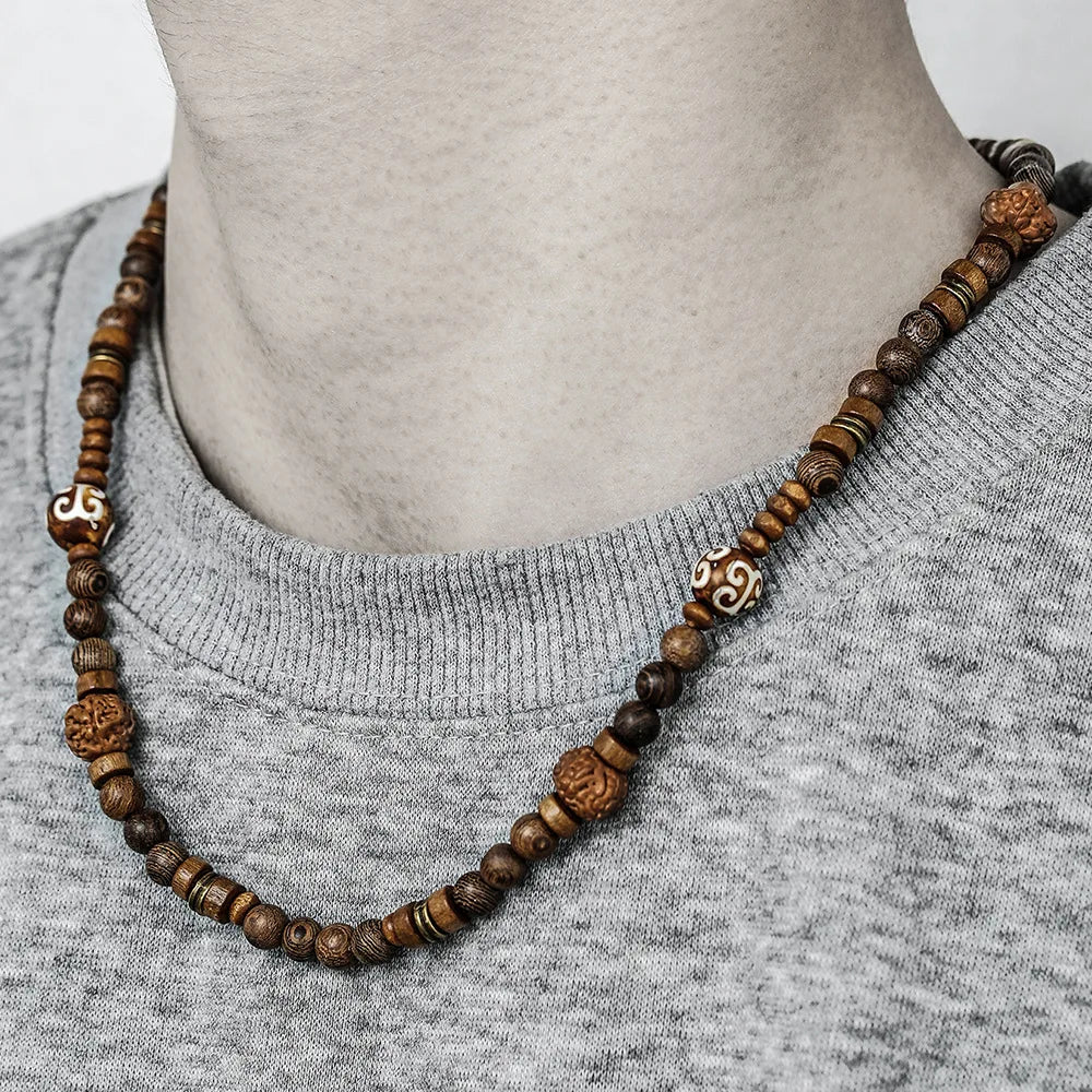 Boho Natural Coconut Shell Wooden Beads Necklace Men Handmade Charm Beaded Long Necklace Fashion Buddhist Prayer Yoga Jewelry