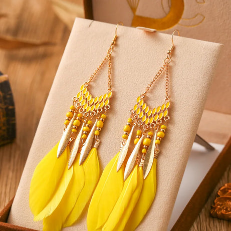 Feather Colorful Bead Long Tassel Earrings Jewelry
