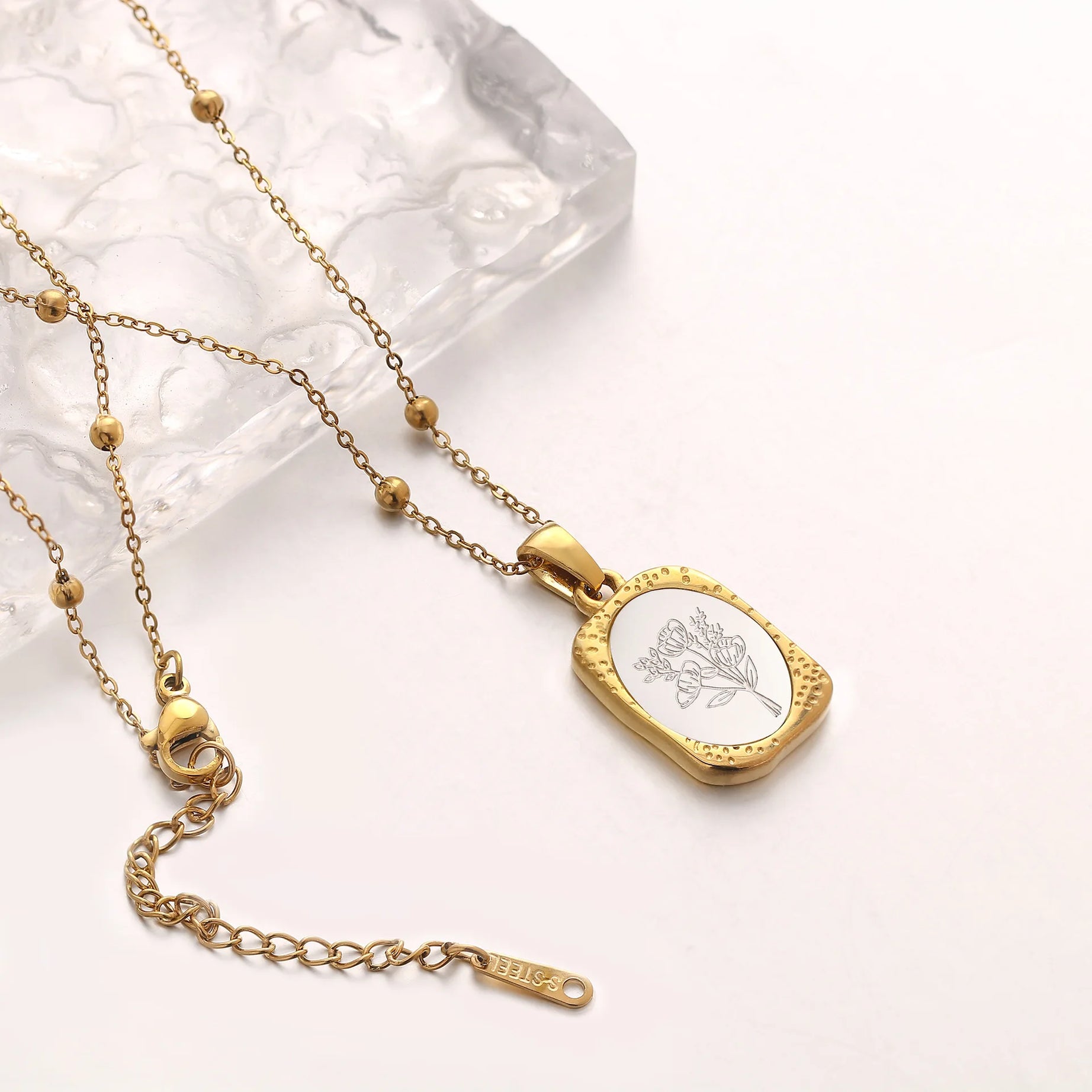Birth Flower Month Pendant Necklace, Personalized Stainless Steel Floral Birthday Gift