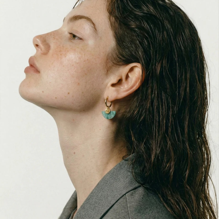 Natural Stone Fan Drop Hoop Earrings, Tiger Eye Agate French Stainless Steel Jewelry
