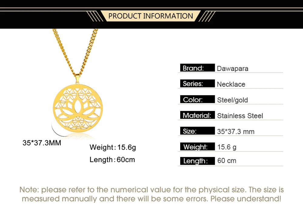 Dawapara Lotus Flower of Life Necklace Stainless Steel Women Jewelry Buddhism Peace Symbol Yoga Meditation Amulet Pendant