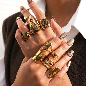Creative Gold Plated Stainless Steel Rings for Women Simple Geometric Natural tiger Stone Finger Ring Boho Vintage Jewelry Gift