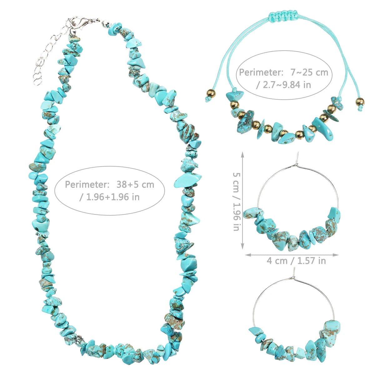 3PCS Natural Stone Turquoise Crushed Stone Necklace Bracelet Earrings Set Boho Unisex Fashion Summer Seaside Vacation Jewelry
