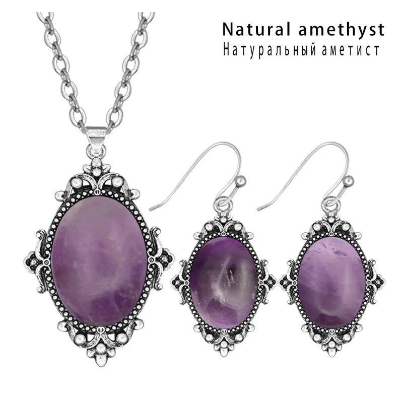 Vintage Look Natural Stone Lapis Lazuli Jewelry Sets Solid Silver Plated Necklace Earrings Flower Fashion Jewelry