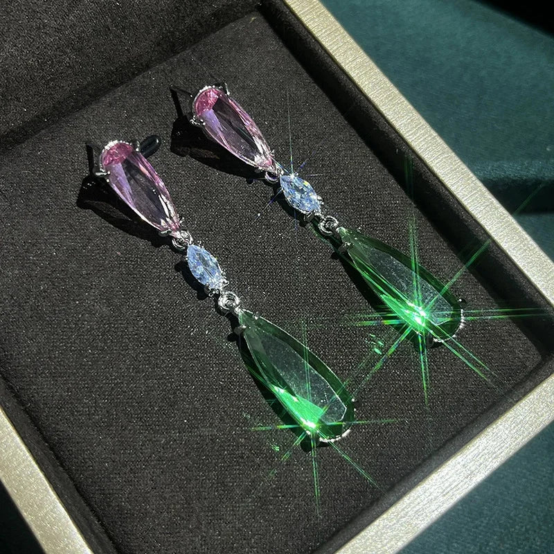 Luxury Green Zircon Drop Shape Boho Earrings for Women Fashion Engagement Jewelry Long Purple Stone Dangle Earrings