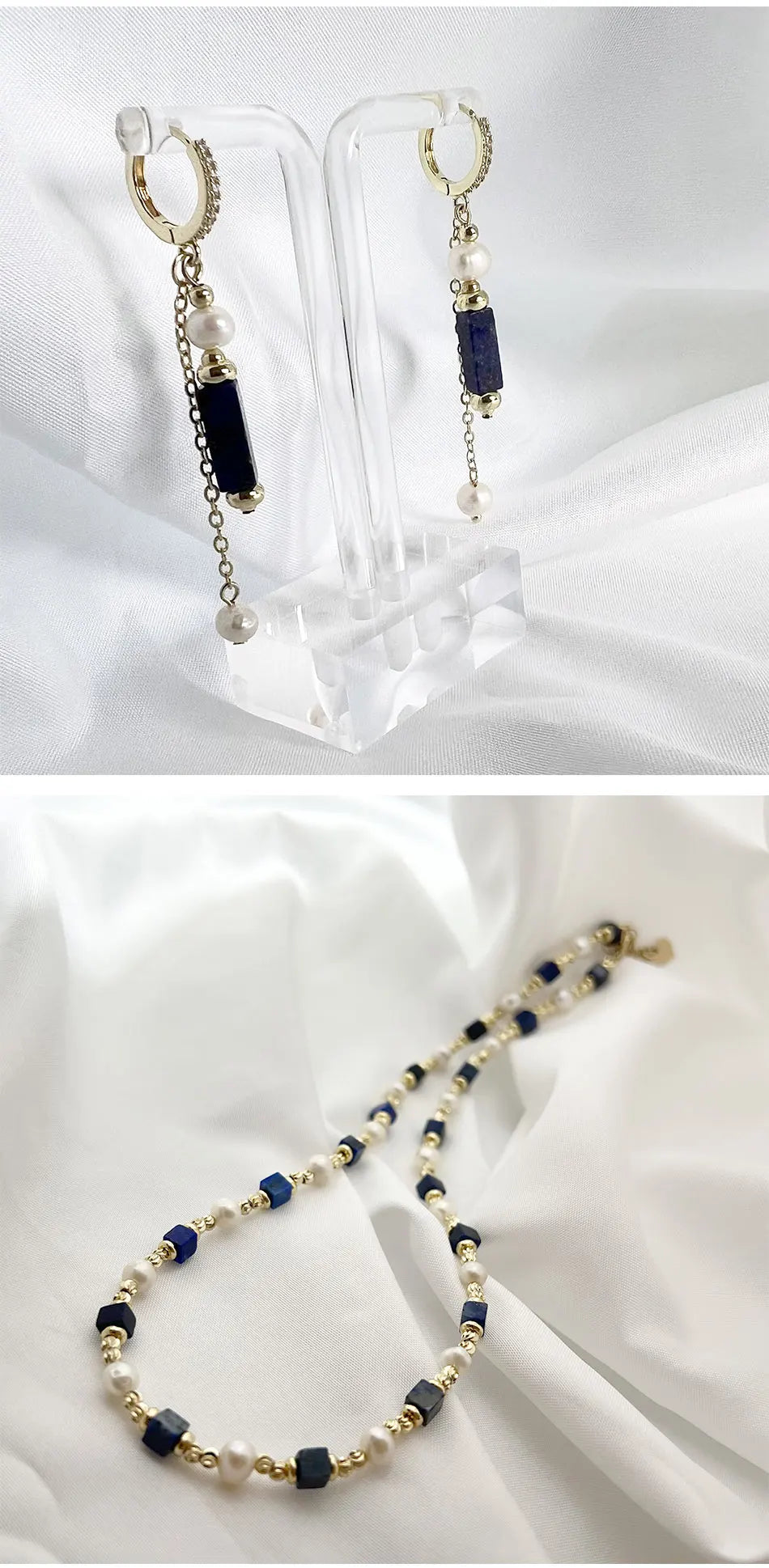Natural Freshwater Pearl Necklace 4X4 lapis lazuli Bracelet Earring Plated 14K Gold Accessories