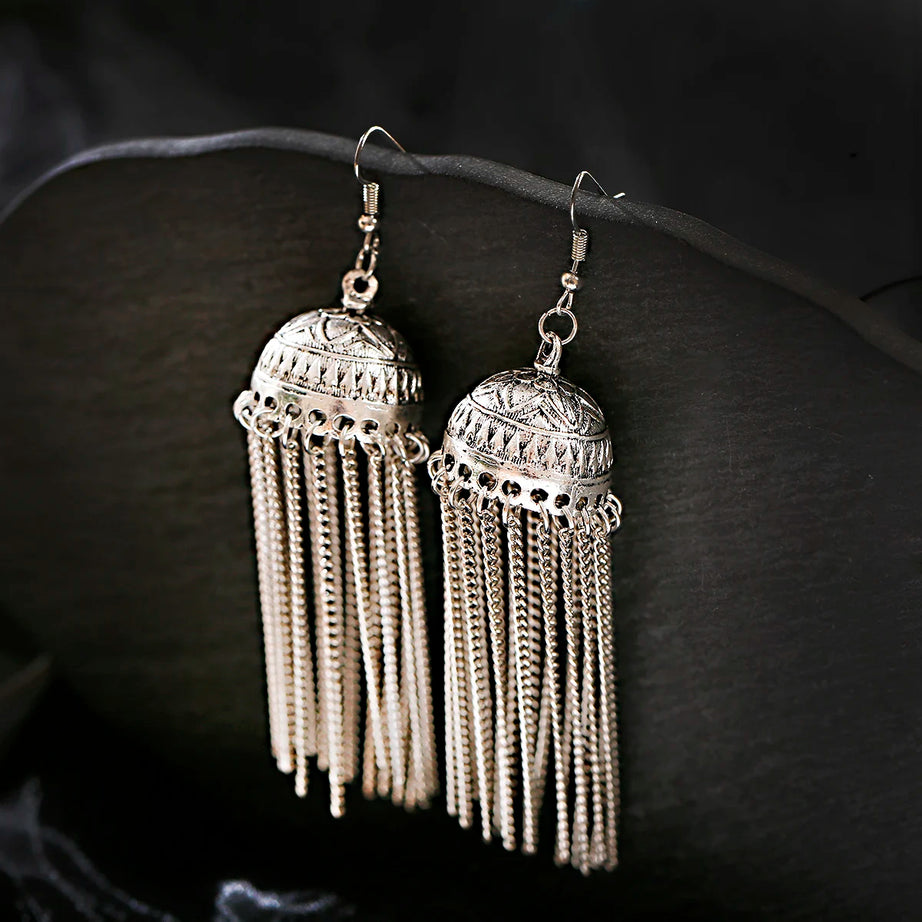 Silver Chain Tassel Bell Long Earrings Jewelry