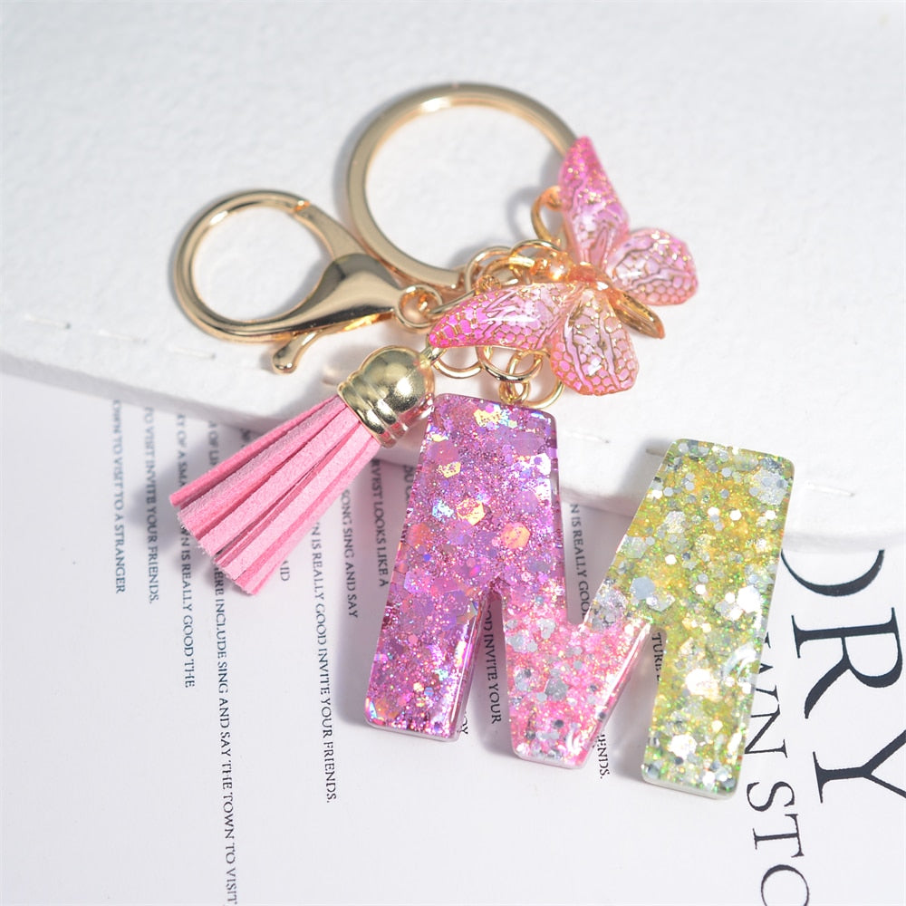 Cute Resin A-Z Initials Letter Keychain Pink Sparkle Butterfly Tassel Pendant Keyring for Women Girl Purse Handbags Jewelry Gift - Charlie Dolly