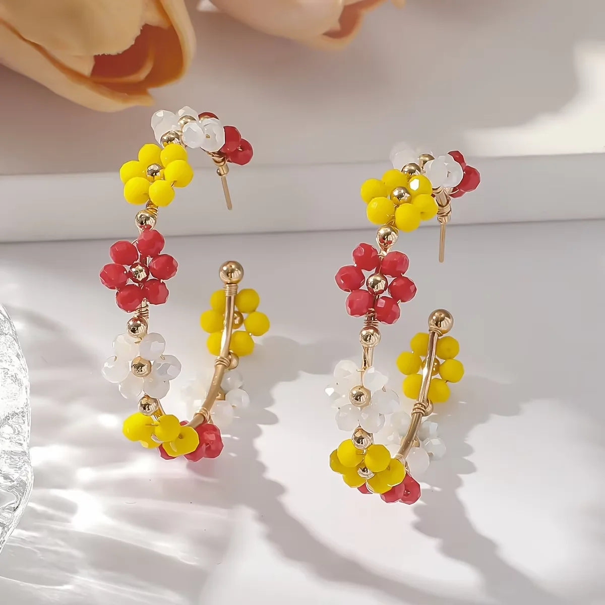 Handmade Boho Resort Style Earrings Artificial Crystal Beaded Stylish Sunflower Design for Everyday Wear Unidentified Brand