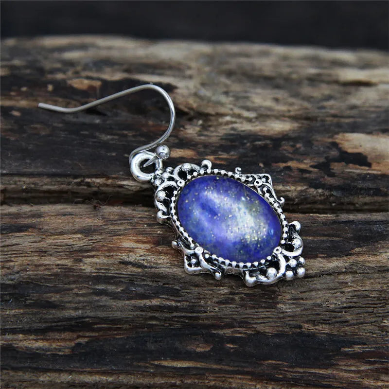 Vintage Look Natural Stone Lapis Lazuli Jewelry Sets Solid Silver Plated Necklace Earrings Flower Fashion Jewelry