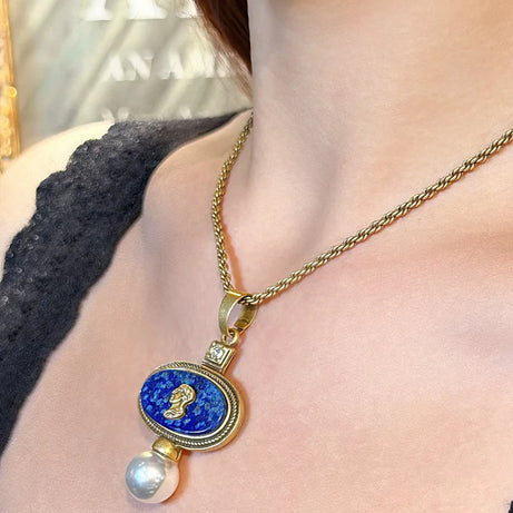 Vintage Cameo Jewelry Set Woman Avatar Pendent Pearl Necklace Lapis Lazuli Stud Earrings Blue Natural Stone Wedding Party 2026 - Charlie Dolly