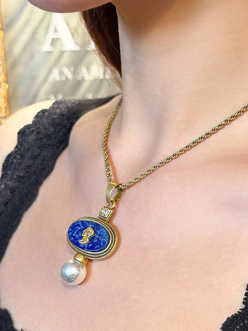 Vintage Cameo Jewelry Set Woman Avatar Pendent Pearl Necklace Lapis Lazuli Stud Earrings Blue Natural Stone Wedding Party 2026