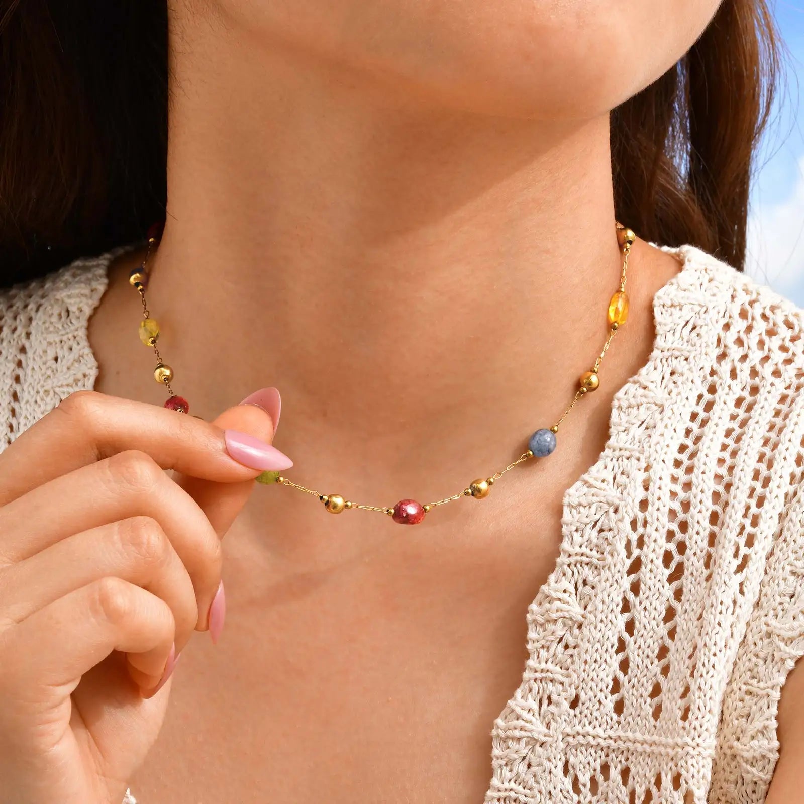 Colorful Rainbow Natural Stone Boho Necklace for Women, Stainless Steel Beaded Chain Y-Shaped Necklace, New Fashion Jewelry
