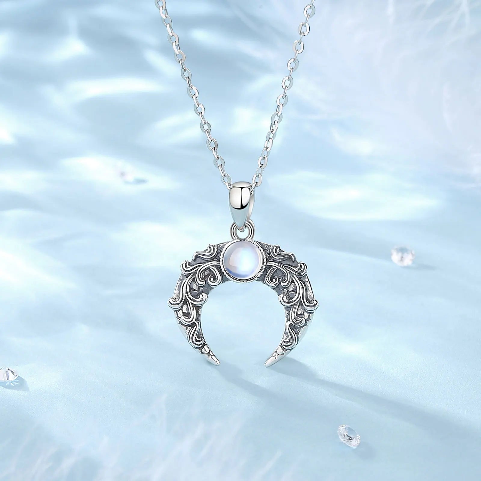 Eudora 925 Sterling Silver Moon Necklace for Women Man Vintage Tree of Life Moonstone Amulet Pendant Personality Jewelry Gift