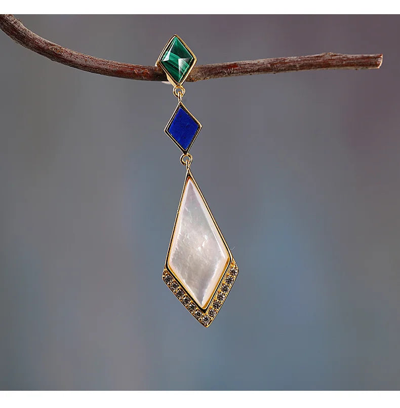 GEEZENCA Malachite Lapis Lazuli Shell 925 Silver Dangle Earrings For Women Unusual Geometric Natural Stone Drop Earring Gift