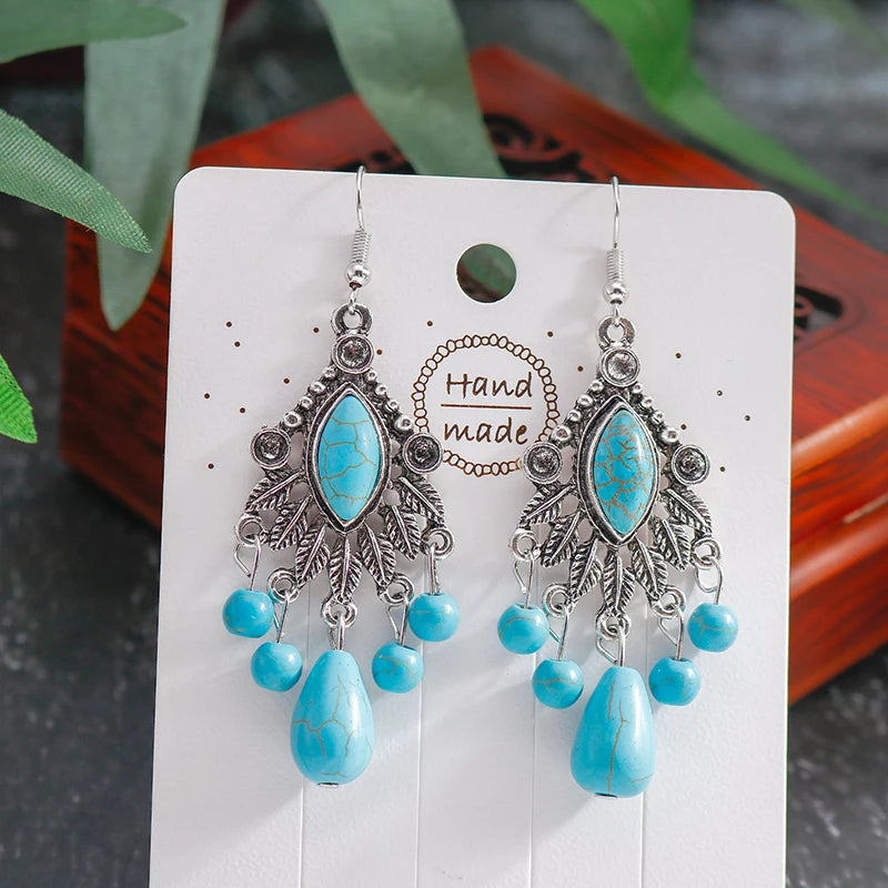 Boho Vintage Turquoise Water Drop Stud Earrings for Women Star Heart Flower Tribe Earring Statement Valentine Day Gift Jewelry
