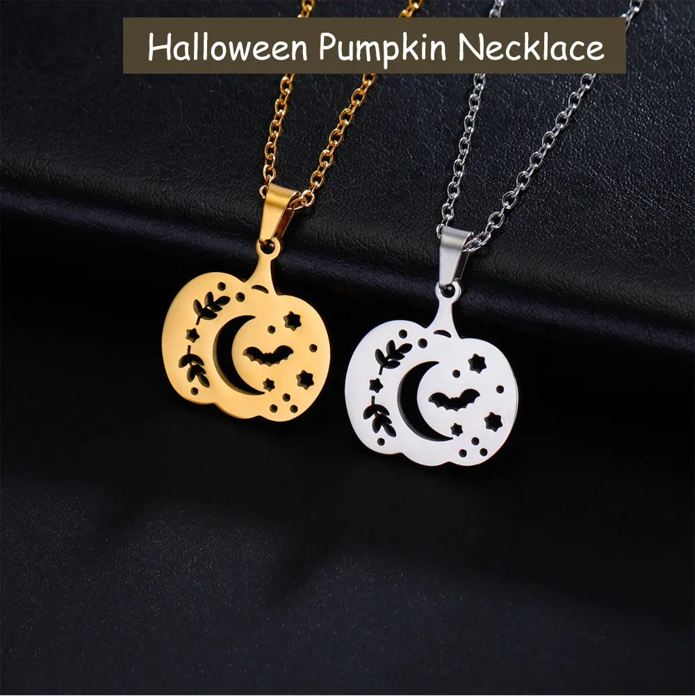 Cazador Halloween Pumpkin Bat Moon Necklace for Women Stainless Steel Pendant Chain Necklace Jewelry Party Gift 2024 Wholesale - Charlie Dolly