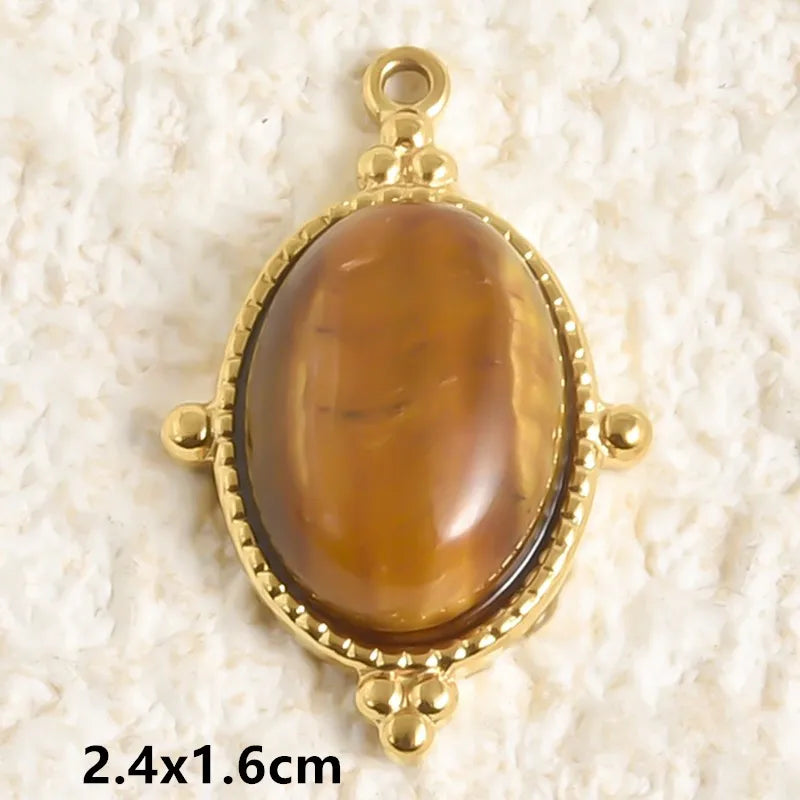 5pcs Real Natural Stone Tiger Eye Charm Sun Eye Oval Boho Pendant Gold Color Stainless Steel Pendants For Jewelry Making Finding