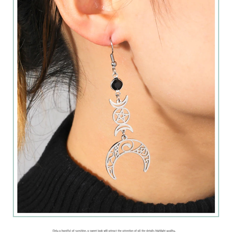 Triple Moon, Rune & Pentagram Hoop Earrings, Stainless Steel Witchy Amulet