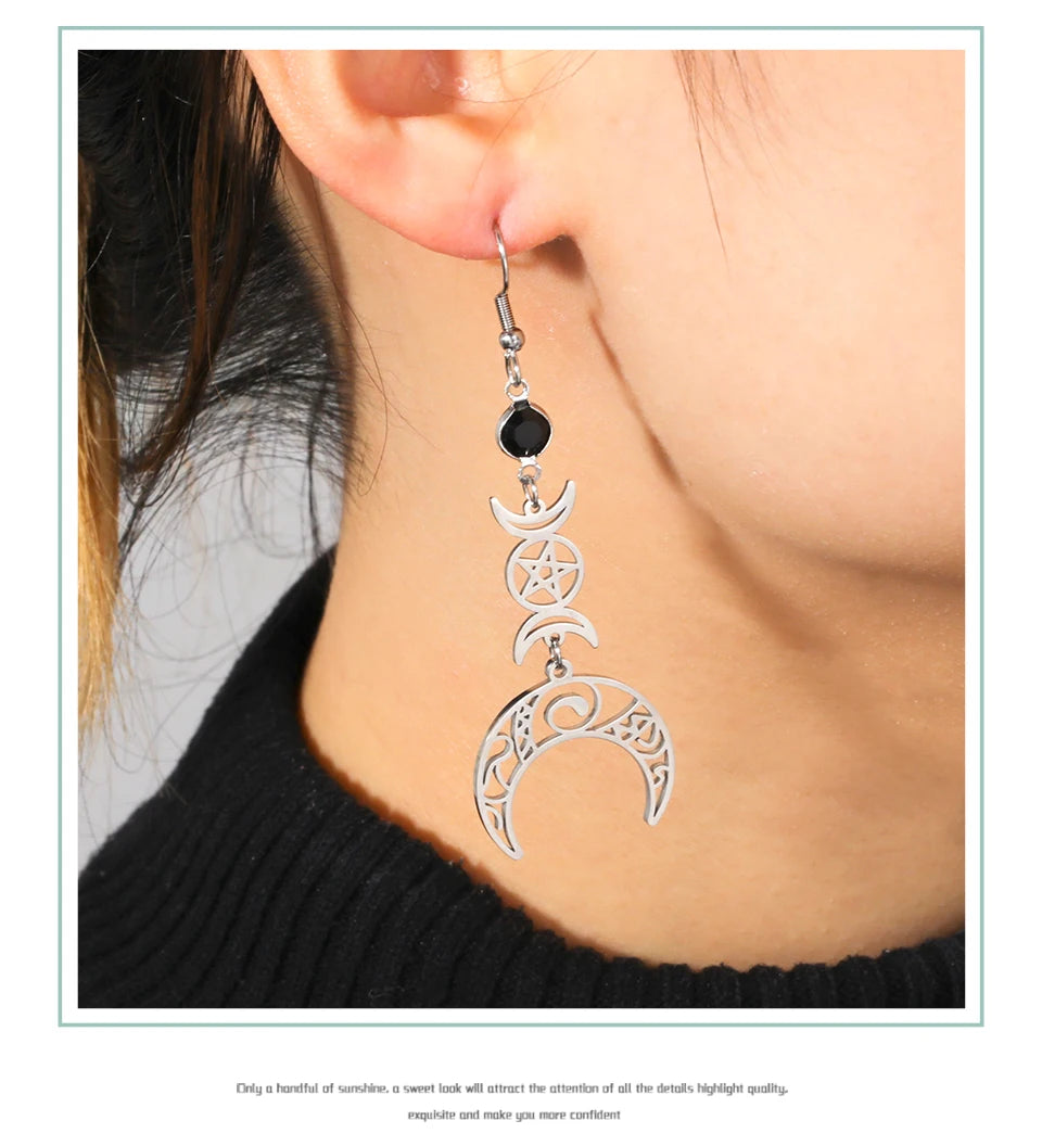 Unift Goth Stainless Steel Earring Triple Rune Moon Phase Pentagram Earrings Woman Men Vintage Jewelry Ear Piercing Witch Knot