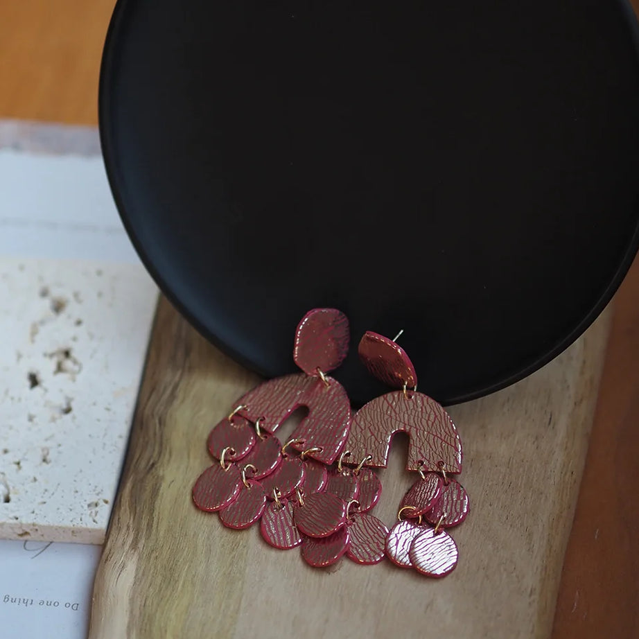 Metallic Clay Arch Fringe Statement Earrings Jewelry
