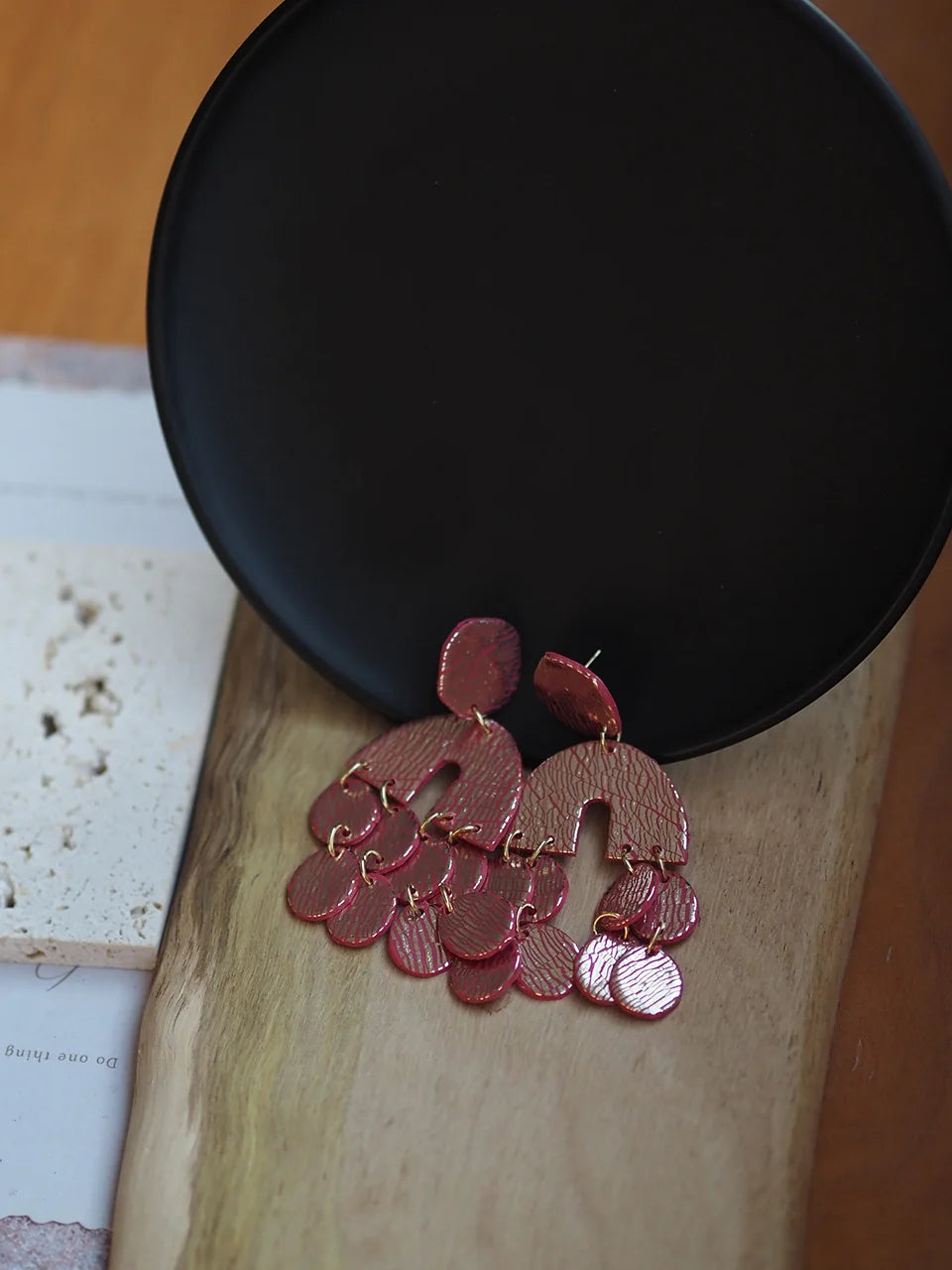 Boho Chic Metalic Textured Polymer Clay Statement Earrings Large Geometric Arch Drop with Round Fringe Aesthetic Jewelry Summer