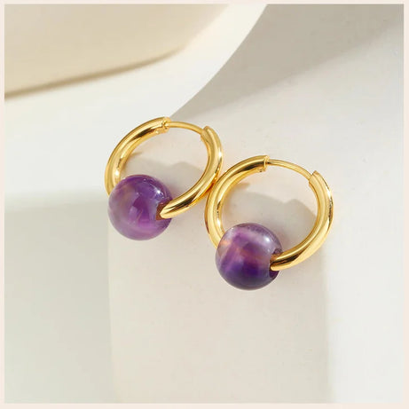 Natural Amethyst Beaded Hoop Earrings, Gold-Plated Stainless Steel Waterproof Jewelry