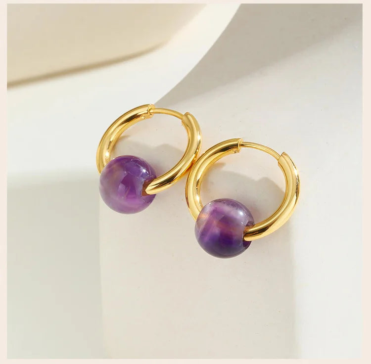 Natural Stone Amethyst Round Beaded Hoop Earrings for Women, Stainless Steel Gold Plated Waterproof Jewelry