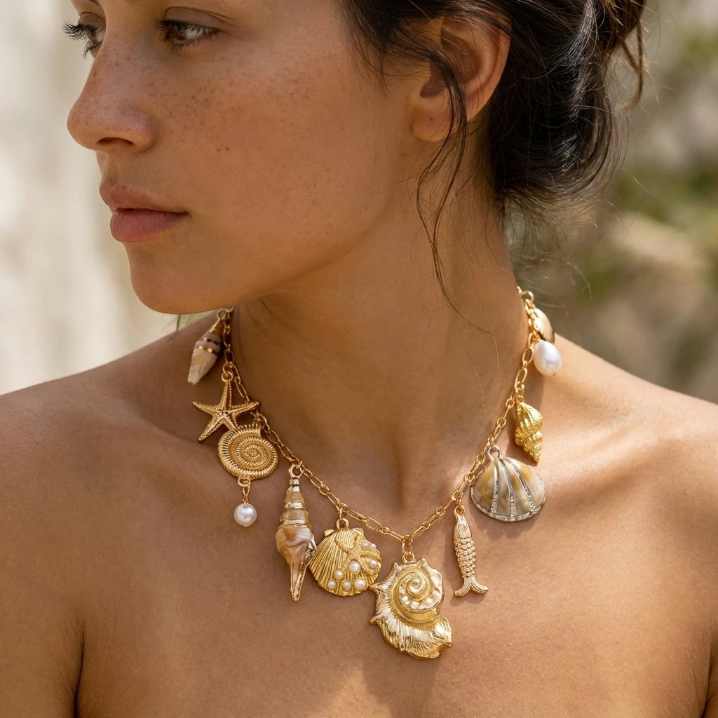 Conch Shell Fish Layered Pendant Necklace Jewelry