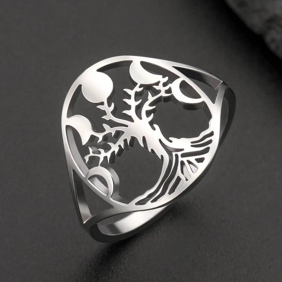 Moon Phase Tree of Life Ring, Stainless Steel