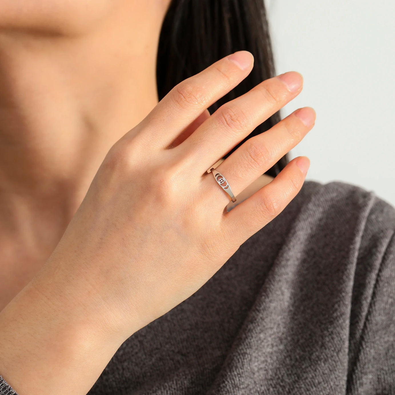 Crescent Moon Phase Ring, Stainless Steel Trendy Celestial Band Talisman