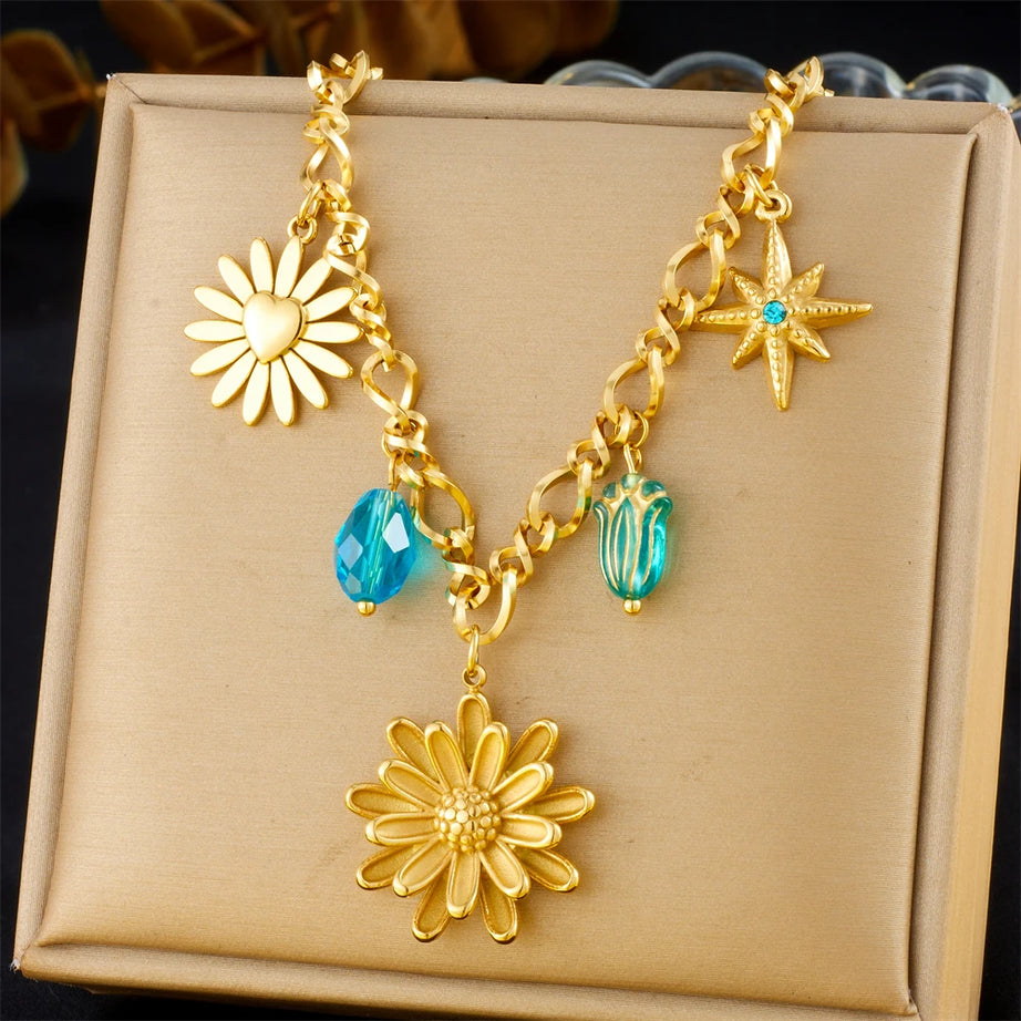 Gold Lotus Flower & Butterfly Pendant Necklace, Stainless Steel Boho Transformation Talisman