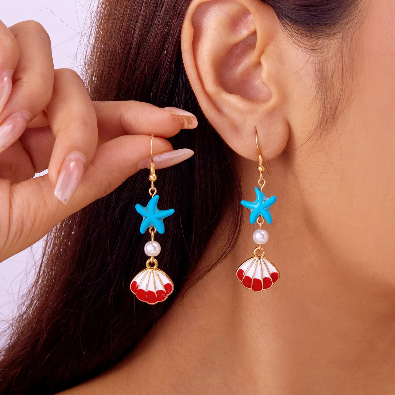 Ocean Style Shell, Starfish and Conch Enamel Drop Earrings