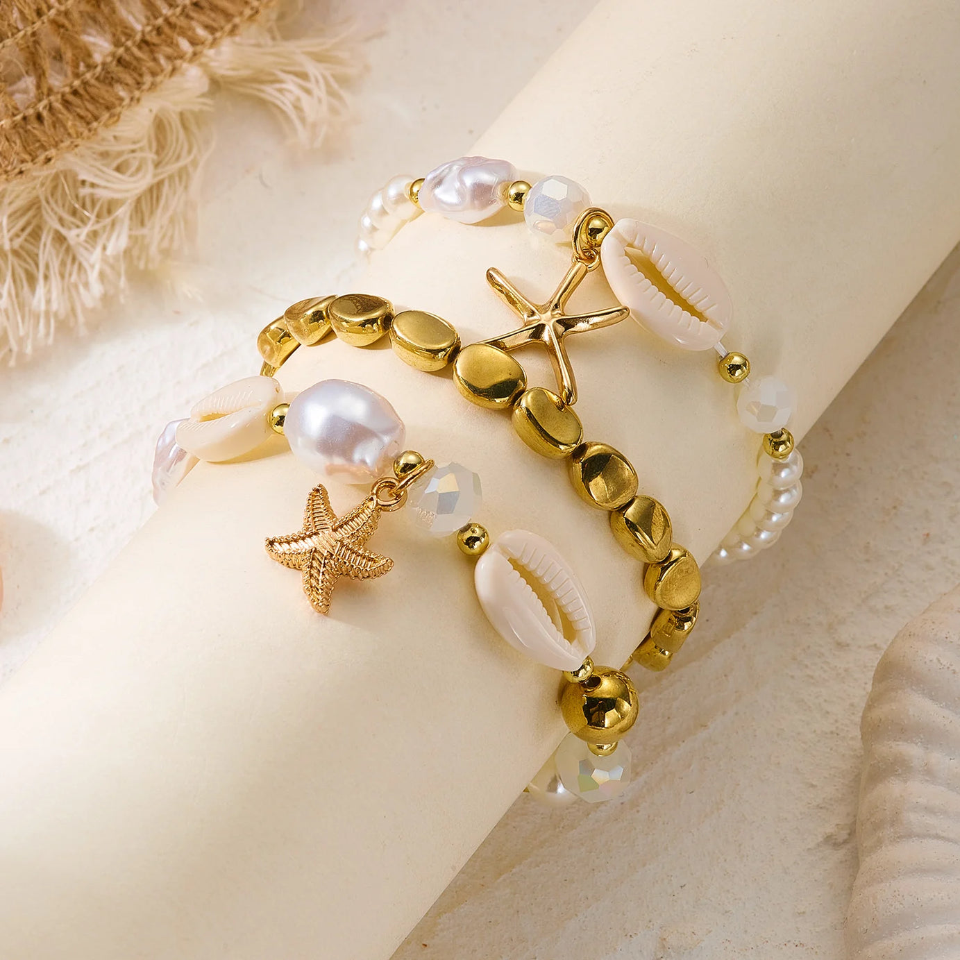 Pink Pearl and Shell Stackable Bracelet Set (5 Pieces)