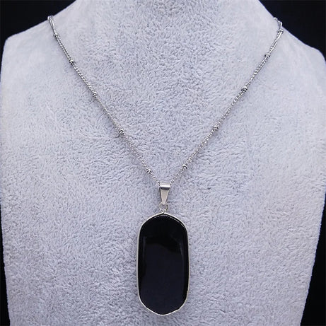 Black Obsidian Geometric Lucky Pendant Necklace Women Boho Natural Stone Stainless Steel Silver Color Necklaces Jewelry NA145S04 - Charlie Dolly