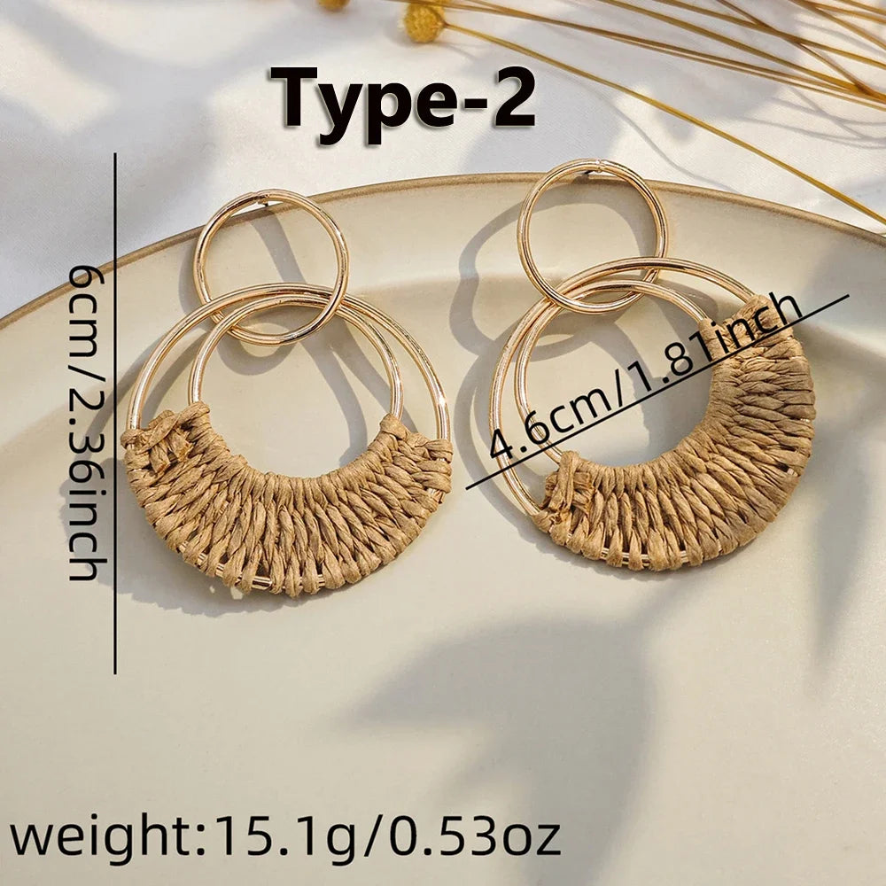 1 or 4 PAIRS Bohemia Summer Beach  Raffia Boho Hoop Earrings for Women Straw Wicker Rattan Dangle Round Drop Earrings