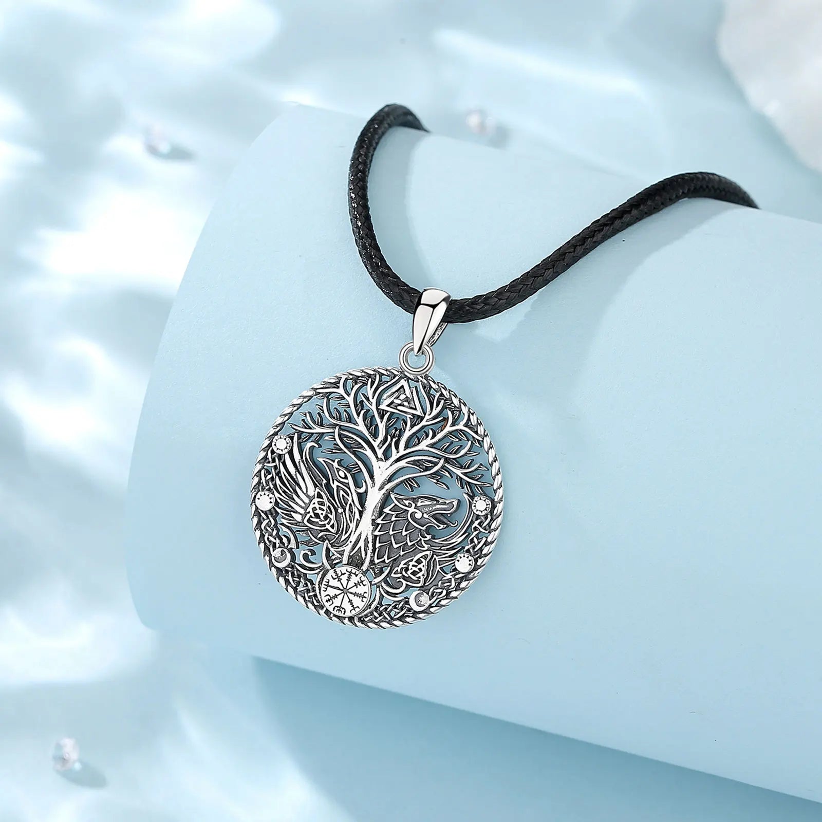 Eudora 925 Sterling Silver Viking Raven Wolf Necklace for Women Man Compass Tree of Life Amulet Pendant Personality Jewelry Gift