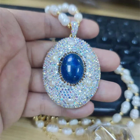 Unique Natural Lapis lazuli Gemstone Jewelry Set for Women AB Rhinestone Freshwater Pearl Quartz Necklace Rings Lady Dress Acces - Charlie Dolly
