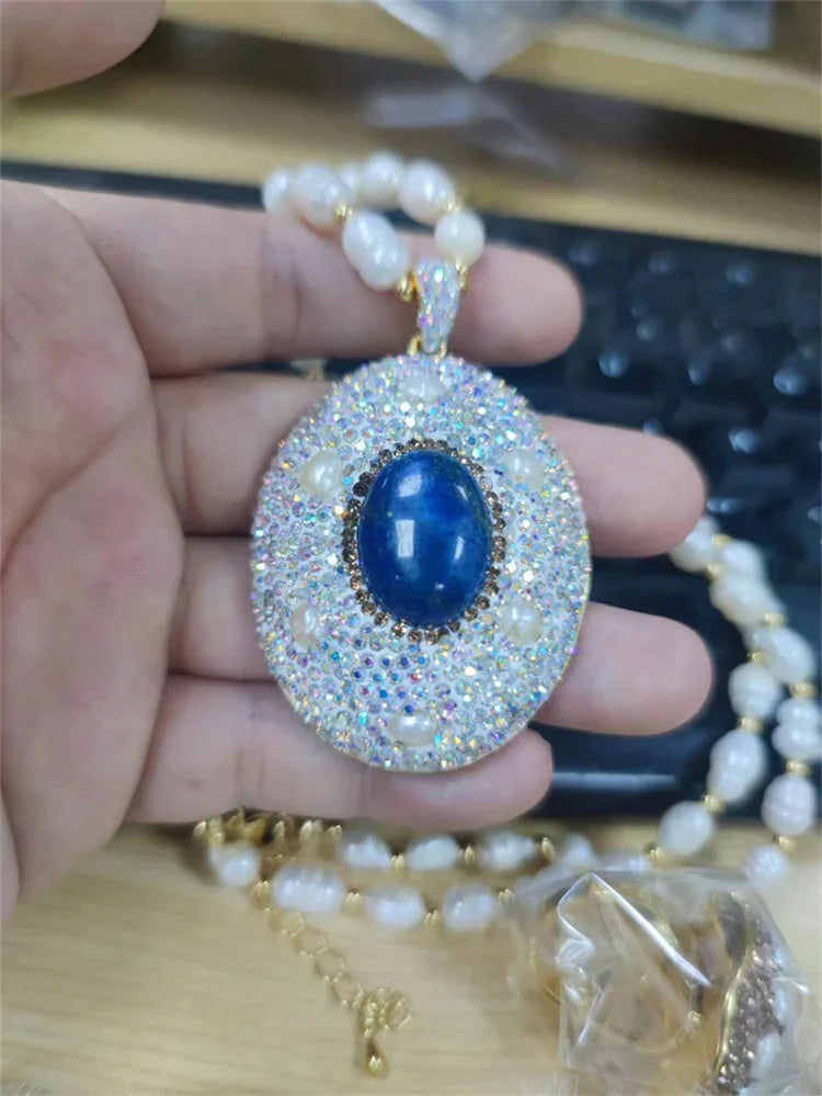Unique Natural Lapis lazuli Gemstone Jewelry Set for Women AB Rhinestone Freshwater Pearl Quartz Necklace Rings Lady Dress Acces
