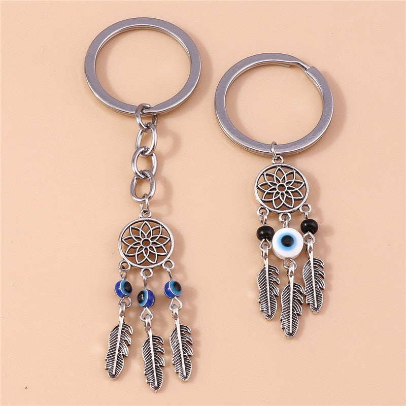 1Pc Bohemia Evil Eye Hamsa Hand Keychain for Women Men Blue Eye Sun Feather Key Ring Bag Pendant Car Key Holder Rings Wholesale - Charlie Dolly