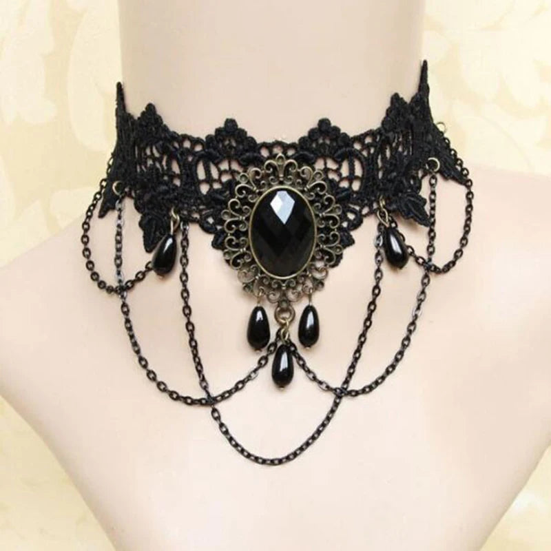 Halloween Choker Necklace for Women Rhinestone Pendant Lace Gothic Necklace for Steampunk Royal Court Vampire Costume Jewelry - Charlie Dolly