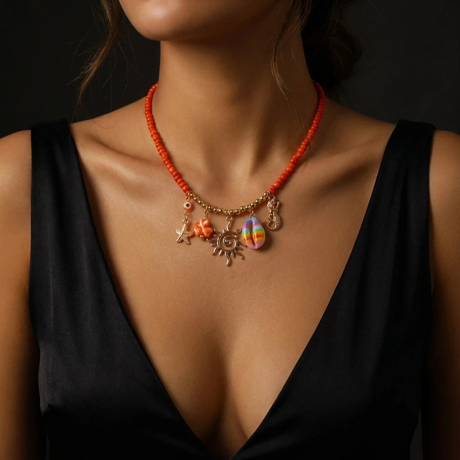 Coral, Starfish and Rice Bead Sun Boho Necklace, Earring or Ring